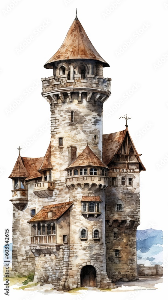 A medieval fantasy castle in an illustrated hand-drawn style, children's story book image, fairy tales, isolated on white, generative ai
A medieval fantasy castle in an illustrated hand-drawn style, children's story book image, fairy tales, isolated on white, generative ai