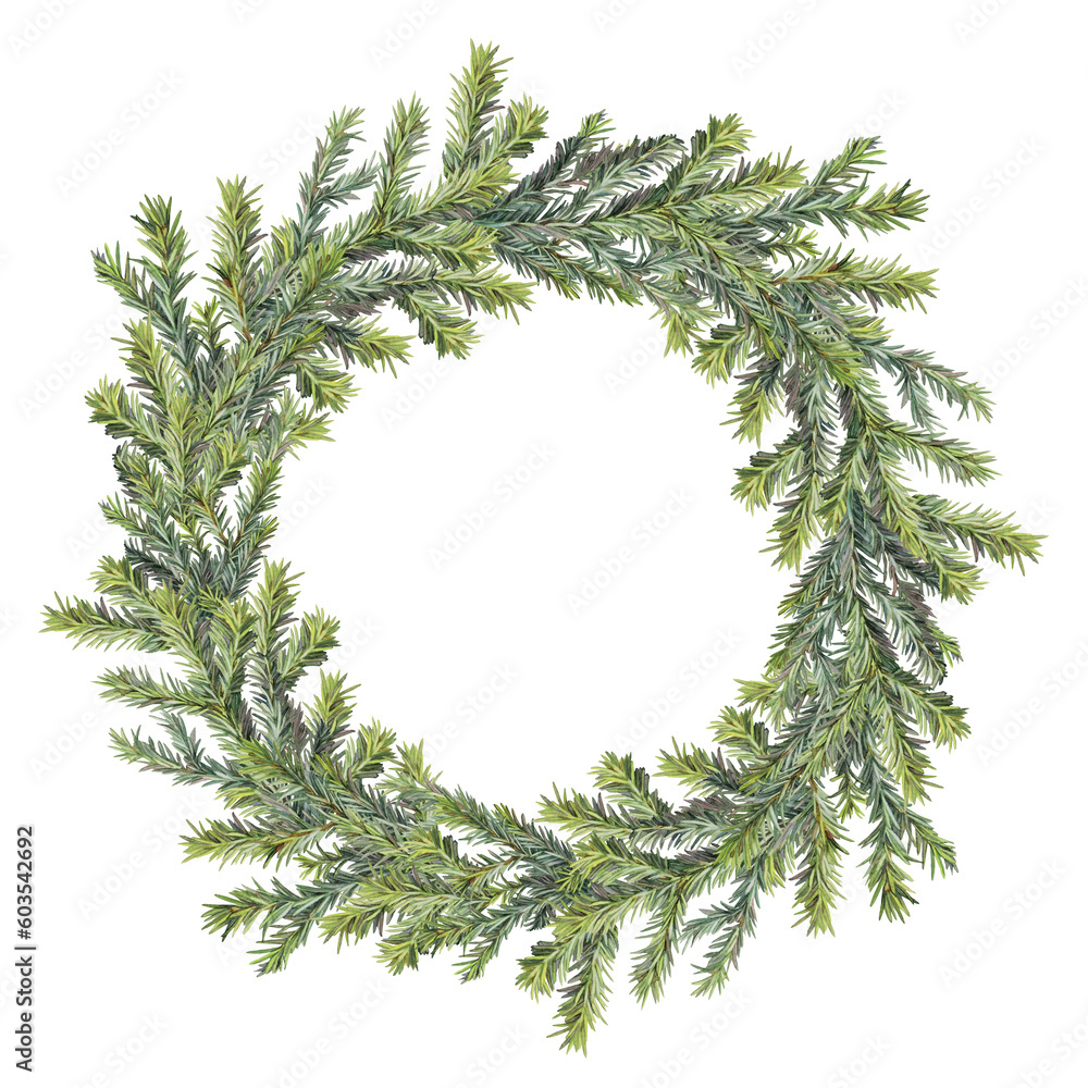 Watercolor green christmas tree fir wreath isolated on white background. Circle frame border template. Realistic hand-drawn clipart with copy space for new year celebration invite or wallpaper