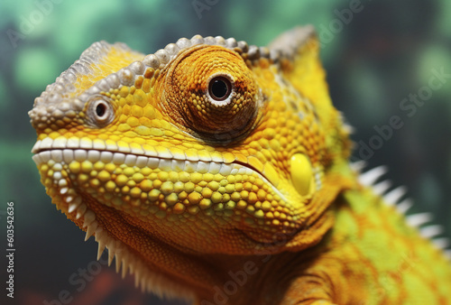 Yellow chameleon  close up view. Generative AI.