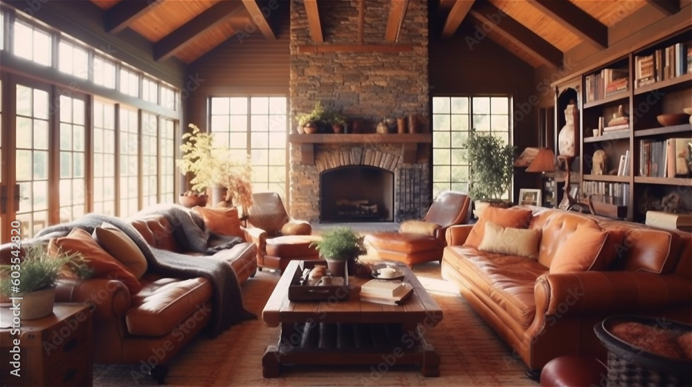 Generative AI, Rustic Living Room with Natural Materials and Warm Colors