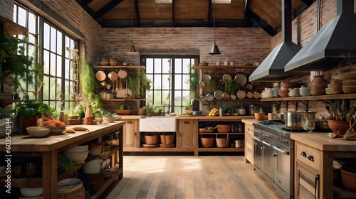 Generative AI, Cozy and Charming Rustic Kitchen Design © icehawk33