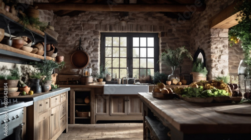 Generative AI, Cozy and Charming Rustic Kitchen Design © icehawk33