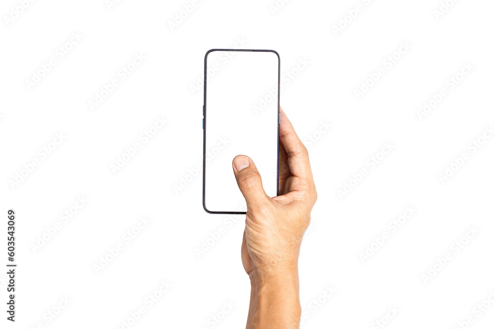 Hand holding black smartphone isolated on white background. Clipping path