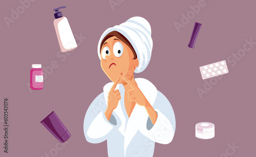 Woman With Acne Desperate to Find a Cure Vector Cartoon Illustration. Girl popping zits making scared on her skin instead of using treatment
