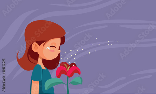 Allergic Girl Affected by Pollen During Spring Season Vector Cartoon Illustration. Child suffering from conjunctivitis due to allergies in springtime 
