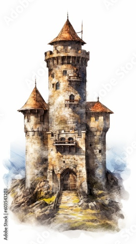 A medieval fantasy castle in an illustrated hand-drawn style, children's story book image, fairy tales, isolated on white, generative ai 