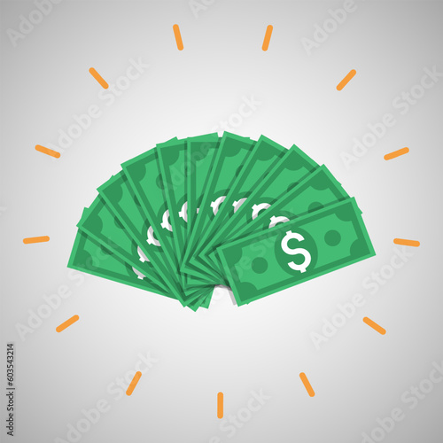 Vector of many green dollar bills money unfolded concept of earning money