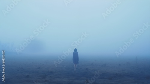 Mysterious loneliness girl with blue atmospheric landscape