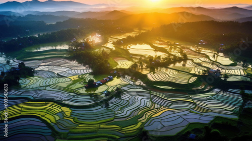 Aerial view of green rice paddy field farming cultivation in agricultural land