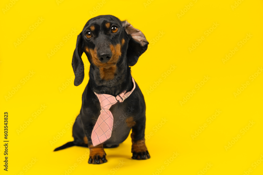 Funny adorable puppy in a pink plaid tie with a wrapped ear on a yellow background first day of work. Advertising collection of clothes and accessories for animals. Candidate before job interview