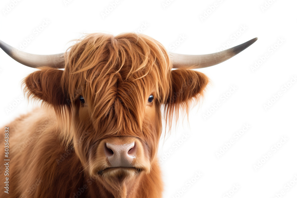 A close up of a cow with long hair. Generative AI on white background, copy-space. A close up of a cow with long hair. Generative AI on white background, copy-space.