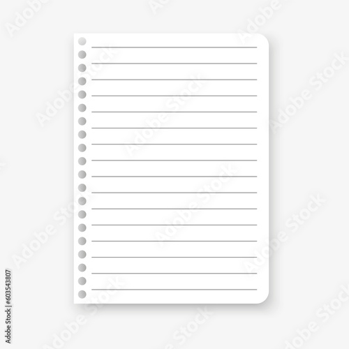 Sheet of notebook in realistic style on gray background. Vector illustration.
