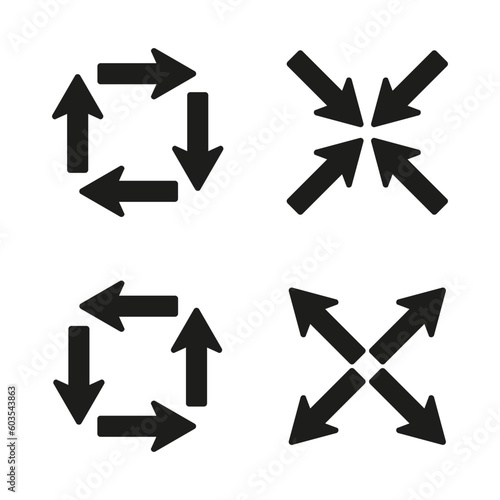 Black arrows inward outward. Pointer arrow icon. Line emblem. Navigation pointer. Vector illustration.