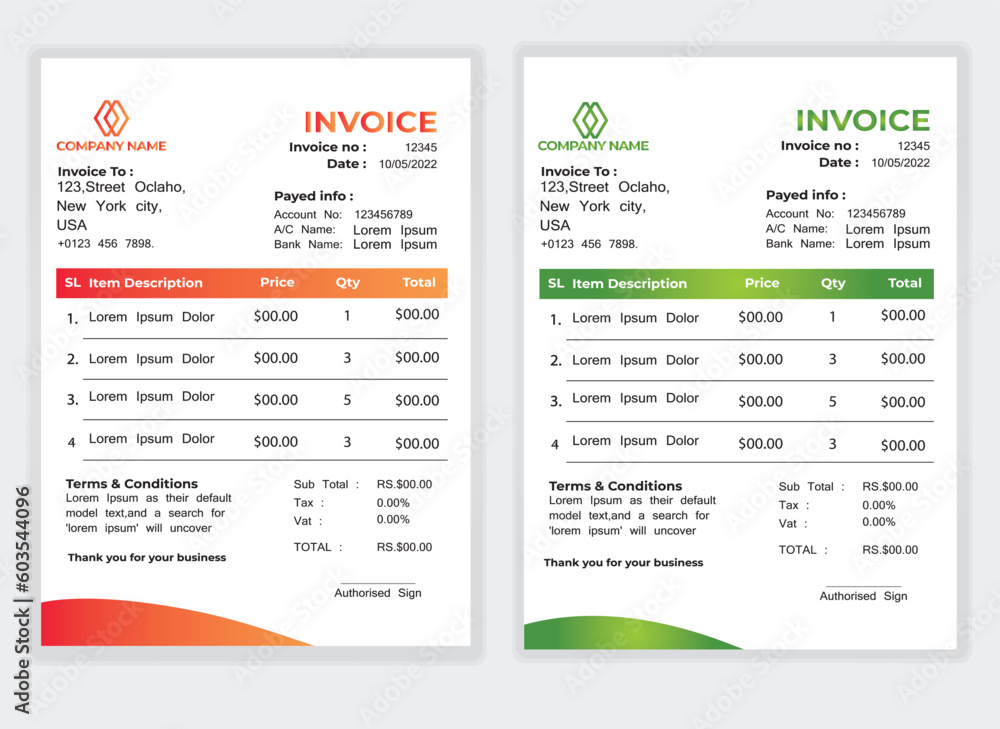 Business Minimal Corporate Invoice design template vector illustration bill form price . Creative template and stationery design payment agreement design template Cash Memo, Vector Quotation Design