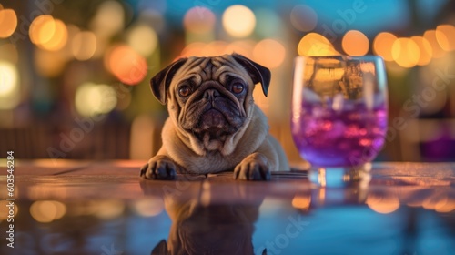 Portrait of pug dog at the outdoor summer holiday resort beach bar enjoying a cocktail drink alone waiting for best friend, sunset blue night sky and relaxing vacation celebration - generative AI