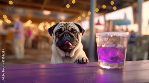 Portrait of pug dog at the outdoor summer holiday resort beach bar enjoying a cocktail drink alone waiting for best friend, sunset blue night sky and relaxing vacation celebration - generative AI