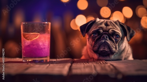 Portrait of pug dog at the outdoor summer holiday resort beach bar enjoying a cocktail drink alone waiting for best friend, sunset blue night sky and relaxing vacation celebration - generative AI © SoulMyst