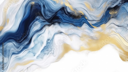 Abstract white and ocean dark blue watercolor fluid background. Watercolor blue sea painting with gold ink brush texture