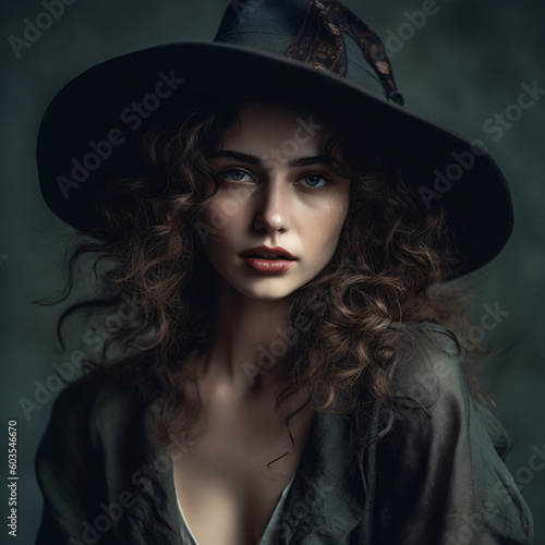 A woman wearing a black witch hat with long hair Generative Ai