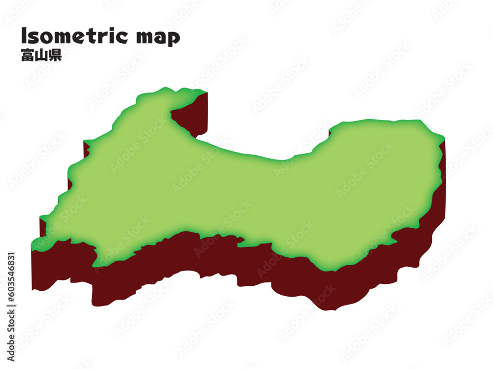 アイソメトリック、立体的な富山県の地図、都道府県単位の地図のイラスト