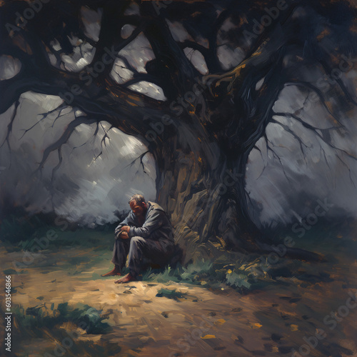 A lonely man sitting under a dead tree Generative Ai