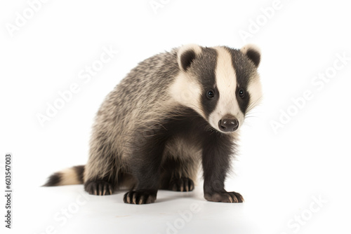A small badger is standing on a white surface. Generative AI.