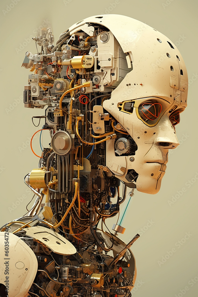 Fototapeta premium A white robot's head, artificial AI, deconstructivism, distorted lines and shapes. Generative AI.