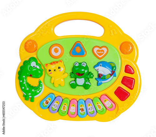Bright plastic green and yellow multifunctional 8 keys kids toy piano / keyboard with animals for babies and toddlers on a transparent background png