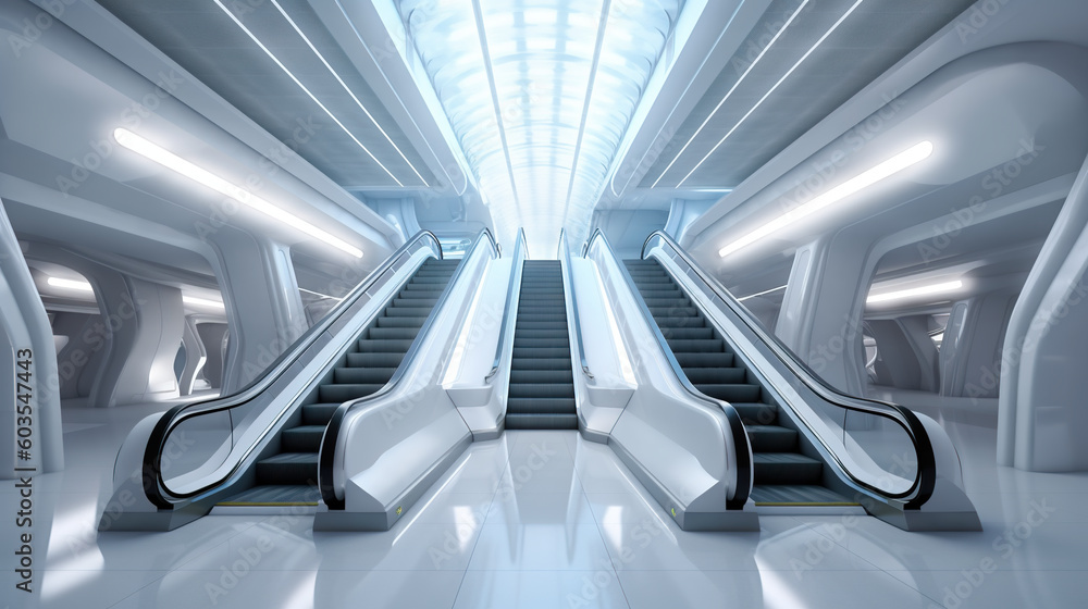 Two escalators in a building with a skylight above them. Generative AI. Two escalators in a building with a skylight above them. Generative AI.