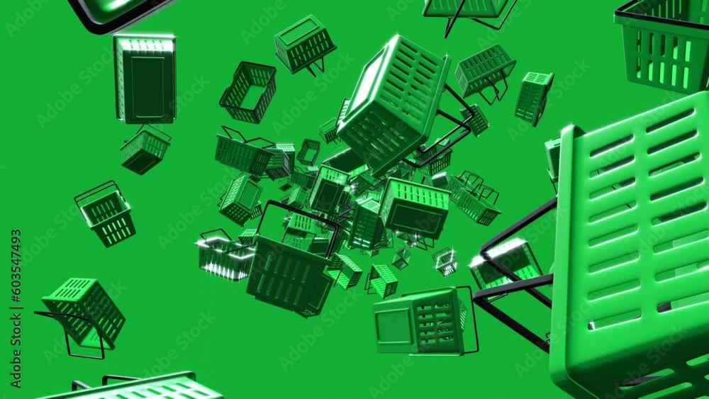 Green plastic shopping baskets on green background.
Loop able abstract animation for background.
Green plastic shopping baskets on green background.
Loop able abstract animation for background.