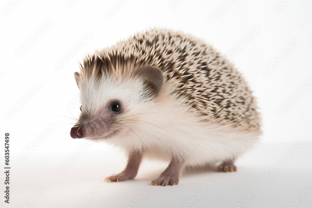 A small hedgehog sitting on top of a white table. Generative AI. A small hedgehog sitting on top of a white table. Generative AI.