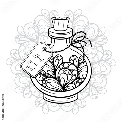 Bottle with magic calming potion. Black and white vector graphic. Antistress coloring page.