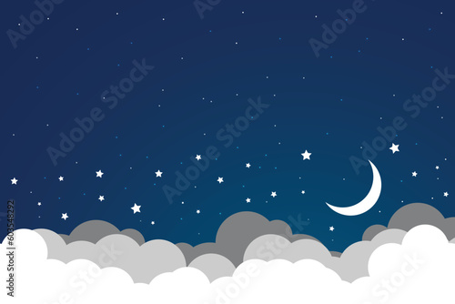 night sky with stars and moon. paper art style. Dreamy background with moon stars and clouds, abstract fantasy background. Half moon, stars and clouds on the dark night sky background.