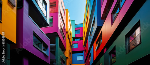 Colorful housing. An housing complex, apartment or multi floor resedential building with each unit in different colors. Blue sky in the background. Hand edited generative AI photo