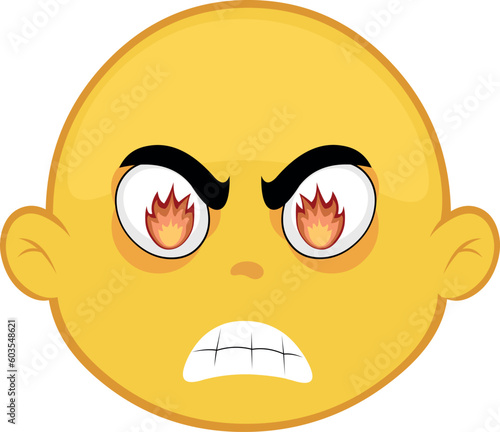 vector illustration yellow cartoon character emoticon angry with flames of fire in eyes
