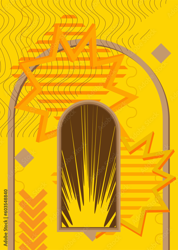 Naklejka premium Abstract brown and yellow, golden old geometrical shapes background. Simple retro gold geometric cartoon art illustration. Vibrant graphic busy bronze psychodelic volumetric vector banner, poster.