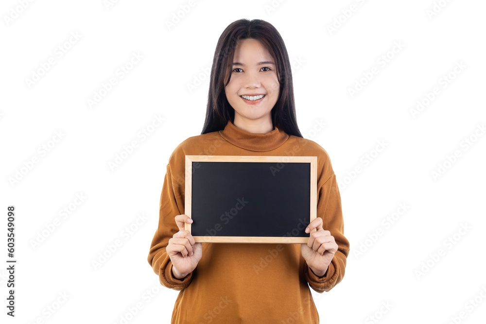 Happy Young Asian woman showing blank board isolated on white background with clipping path. Happy Young Asian woman showing blank board isolated on white background with clipping path.