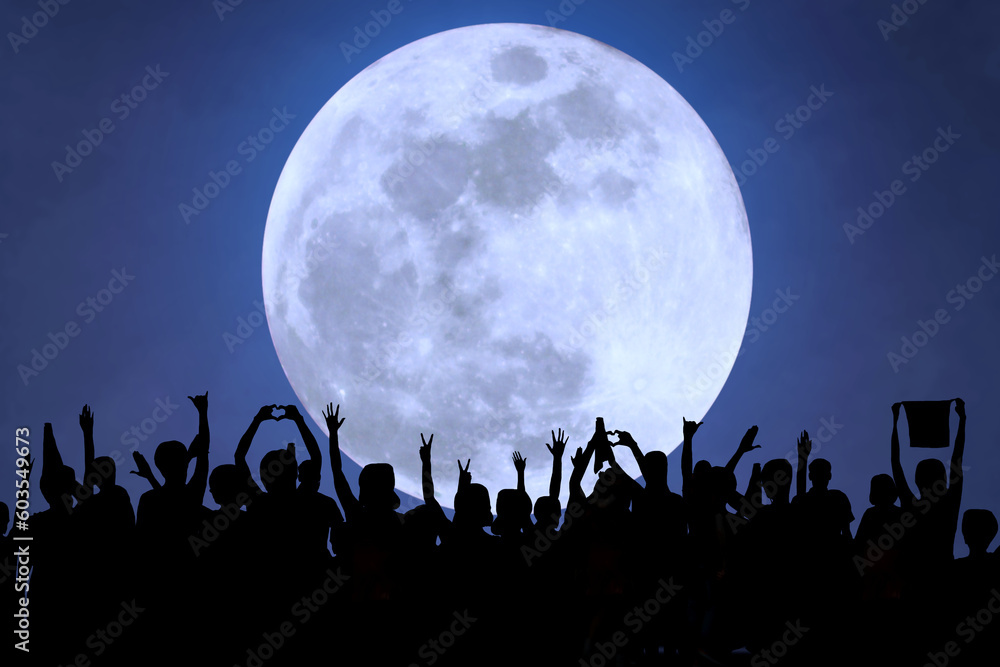 Fototapeta premium silhouettes of people having fun at full moon party