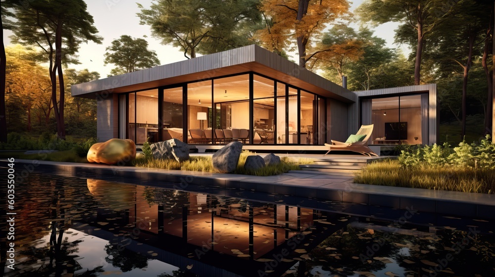 Modern house with pool in a natural environment, generative ai