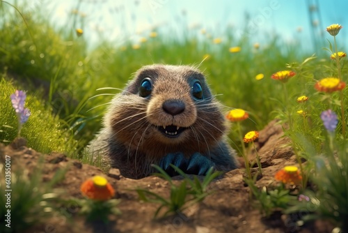 Spring arrival with a groundhog coming out of its burrow, generative ai