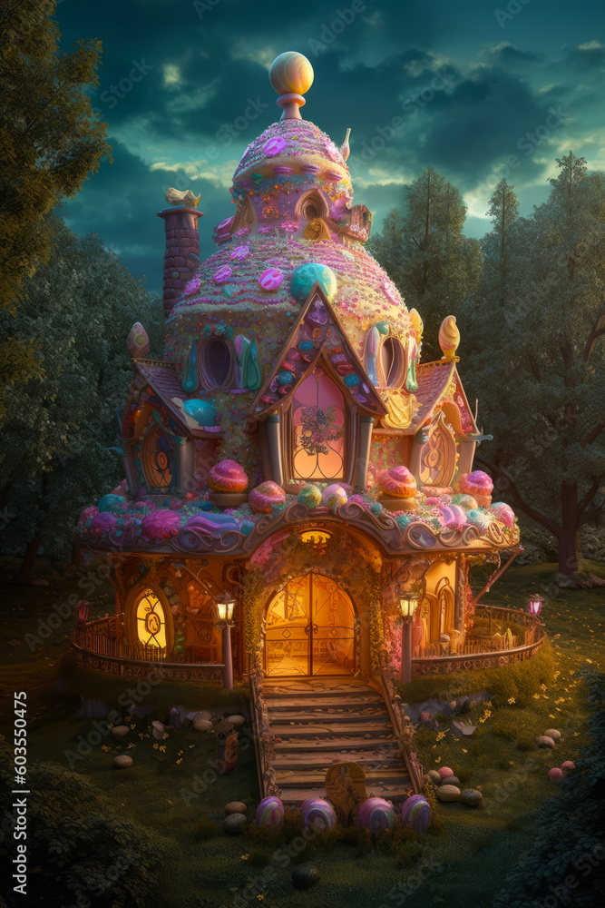 Digital illustration of a fantasy candy house, fairy tale sweet cottage hidden in the woods, evocative, mysterious, spooky magical concept. Made in part with generative ai.
