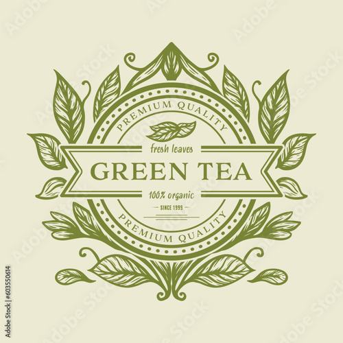 hand drawn green tea logo design with illustration of tea leaves on vintage emblem stamp