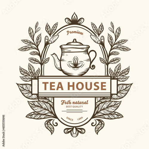 Hand drawn tea logo design with tea leaves and teapot illustration on vintage emblem stamp