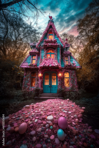 Digital illustration of a fantasy candy house, fairy tale sweet cottage hidden in the woods, evocative, mysterious, spooky magical concept. Made in part with generative ai.
 photo