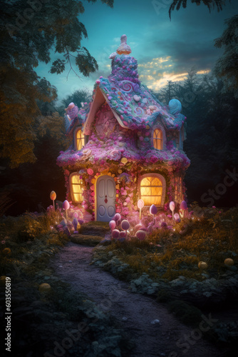 Digital illustration of a fantasy candy house  fairy tale sweet cottage hidden in the woods  evocative  mysterious  spooky magical concept. Made in part with generative ai. 