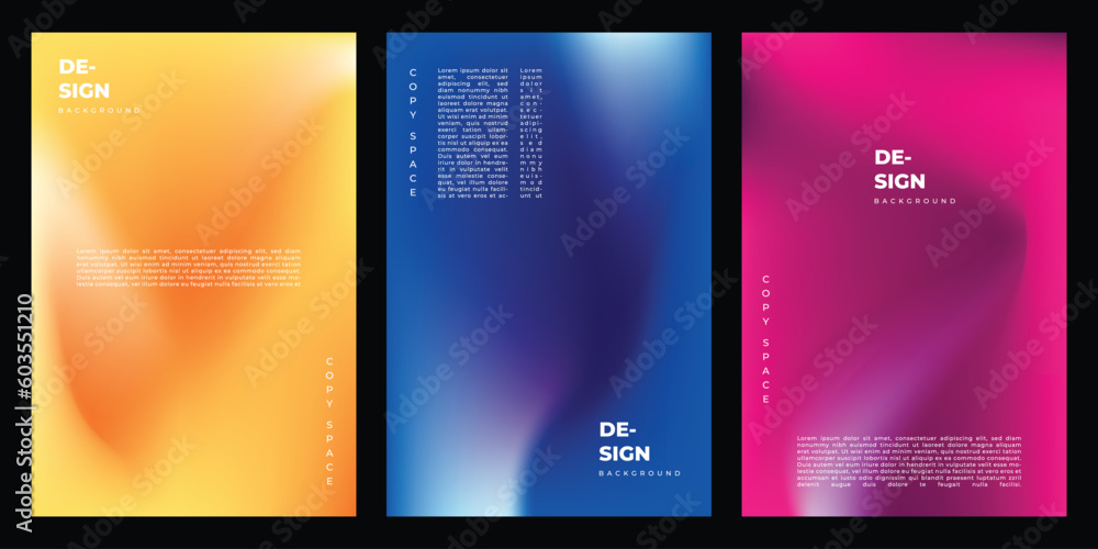 Abstract colorful fluid gradient mesh background template copy space set for poster, banner, leaflet, flyer, pamphlet, booklet, or cover