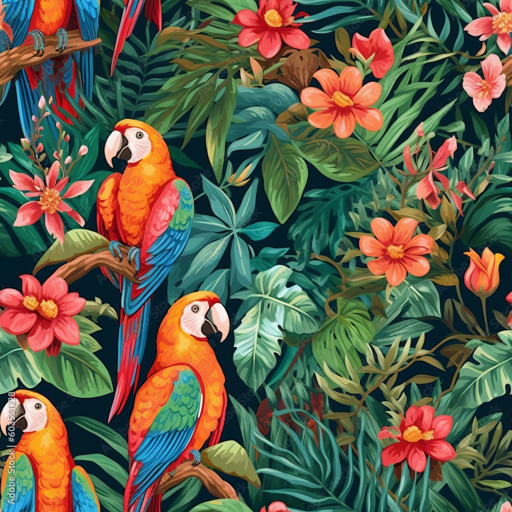 Exotic Jungle Foliage with Flowers and Macaws Seamless Pattern Wallpaper, Maximalist Texture with Parrots [Generative AI]