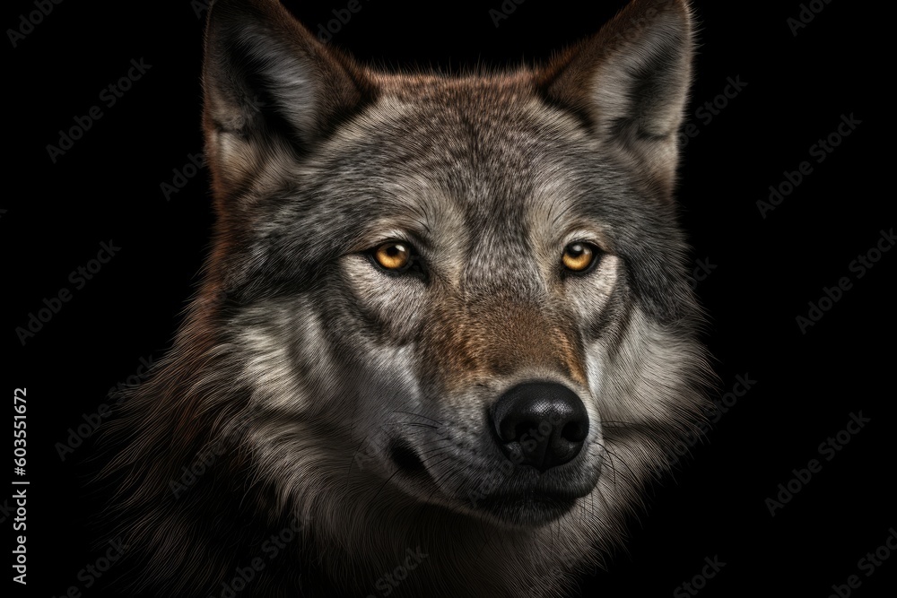 Fototapeta premium Digital illustration of a gray wolf close-up, in the style of macro nature photography, canis lupis, made in part with generative ai. 