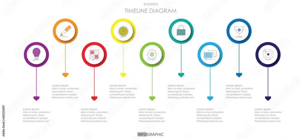 project timeline schedule form charts planner diagram Infographic roadmap template for business. 9 step modern Timeline diagram calendar with presentation vector infographics.
