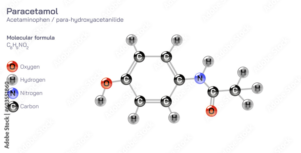 Paracetamol molecular structure formula. Acetaminophen structural molecular formula Vector